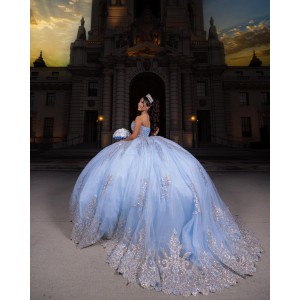 Metallic Sequin Strapless Ball Gown Sweetheart Neckline Sky Blue Quinceanera Dresses