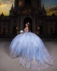 Metallic Sequin Strapless Ball Gown Sweetheart Neckline Sky Blue Quinceanera Dresses