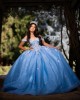 Off Shoulder Butterfly Ball Gown Sweetheart Neckline Blue Quinceanera Dresses