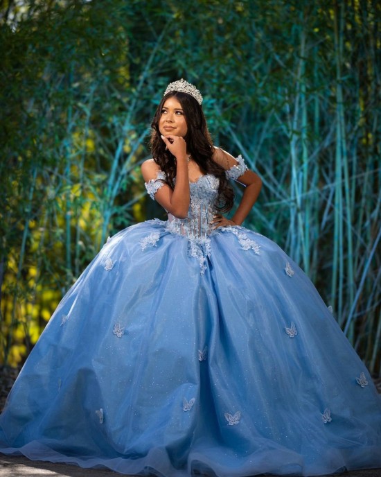 Off Shoulder Butterfly Ball Gown Sweetheart Neckline Blue Quinceanera Dresses