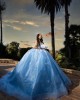 Off Shoulder Butterfly Ball Gown Sweetheart Neckline Blue Quinceanera Dresses