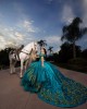 Off Shoulder Lace Appliques Ball Gown Sweetheart Neckline Capri Blue Quinceanera Dresses