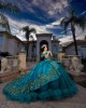 Off Shoulder Lace Appliques Ball Gown Sweetheart Neckline Capri Blue Quinceanera Dresses