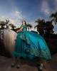 Off Shoulder Lace Appliques Ball Gown Sweetheart Neckline Capri Blue Quinceanera Dresses