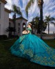 Off Shoulder Lace Appliques Ball Gown Sweetheart Neckline Capri Blue Quinceanera Dresses