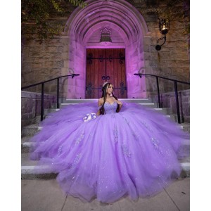 Sweetheart Neckline Ball Gown Off Shoulder Sequin Lilac Quinceanera Dresses