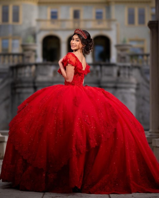 Sweetheart Neckline Lace Appliques Off Shoulder Ball Gown Red Quinceanera Dresses