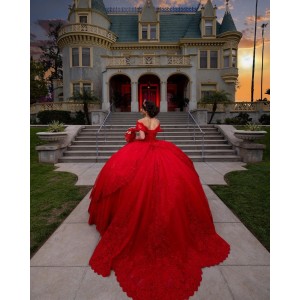 Sweetheart Neckline Lace Appliques Off Shoulder Ball Gown Red Quinceanera Dresses