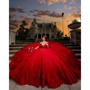 Sweetheart Neckline Lace Appliques Off Shoulder Ball Gown Red Quinceanera Dresses