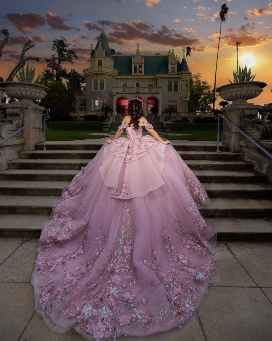 Three-Dimensional Embroidered Off Shoulder Ball Gown Sweetheart Neckline Pink Quinceanera Dresses