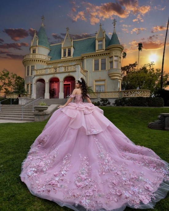 Three-Dimensional Embroidered Off Shoulder Ball Gown Sweetheart Neckline Pink Quinceanera Dresses