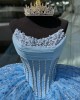 Basque Waist Metallic Lace Sapphire Blue Quinceanera Dresses With Pearls