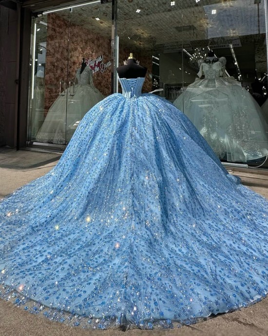 Basque Waist Metallic Lace Sapphire Blue Quinceanera Dresses With Pearls