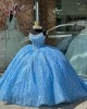 Basque Waist Metallic Lace Sapphire Blue Quinceanera Dresses With Pearls