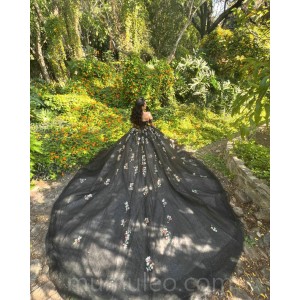 Black Quinceanera Dress Off Shoulder Vestidos De 15 Anos 3D Flowers Wear Pageant Sweetheart Neck Sweet 15 Prom Party Dresses