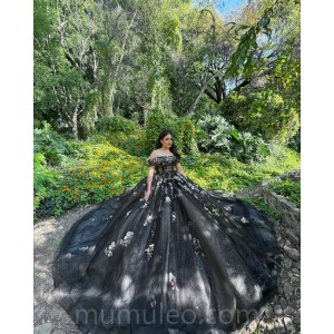 Black Quinceanera Dress Off Shoulder Vestidos De 15 Anos 3D Flowers Wear Pageant Sweetheart Neck Sweet 15 Prom Party Dresses