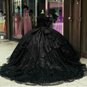 Black Quinceanera Dress Sweetheart Neck Lace Appliques Birthday Party Robe Off Shoulder 2024 Ball Gown Princess Dress With Bow