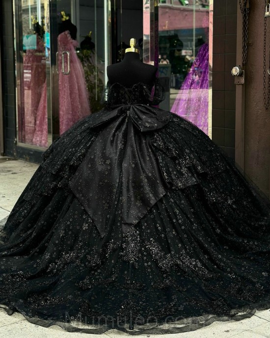 Black Quinceanera Dress Sweetheart Neck Lace Appliques Birthday Party Robe Off Shoulder 2024 Ball Gown Princess Dress With Bow