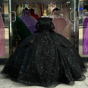 Black Quinceanera Dress Sweetheart Neck Lace Appliques Birthday Party Robe Off Shoulder 2024 Ball Gown Princess Dress With Bow