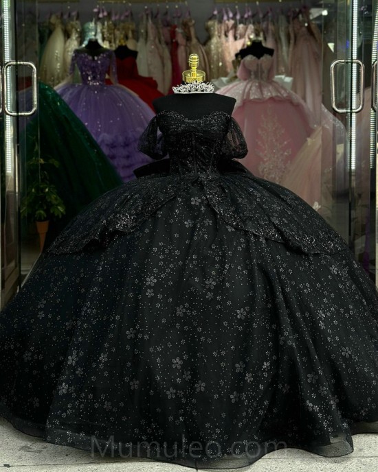 Black Quinceanera Dress Sweetheart Neck Lace Appliques Birthday Party Robe Off Shoulder 2024 Ball Gown Princess Dress With Bow