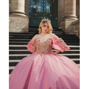 Cape Sleeve Pink Quince Dresses Lace Appliques Sweetheart Neck 15 Dress