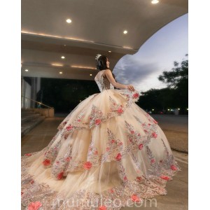 Champagne Quince Dress Sequin Sweetheart Neck Vestidos De 15 Anos Sleeveless 3D Flowers Women 2024 Ball Gown