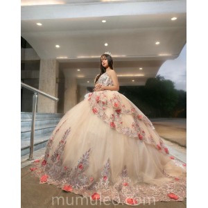 Champagne Quince Dress Sequin Sweetheart Neck Vestidos De 15 Anos Sleeveless 3D Flowers Women 2024 Ball Gown