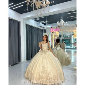 Champagne Quince Dress Sweetheart Wear Pageant Lace Appliques Women 2024 Ball Gown Vestidos De 15 Anos With Bow