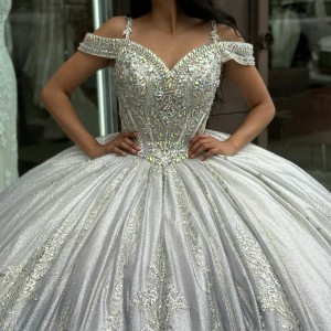 Cold Shoulder Lace Appliqued Silver Quinceanera Dresses With Gems