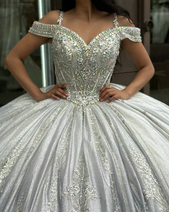 Cold Shoulder Lace Appliqued Silver Quinceanera Dresses With Gems