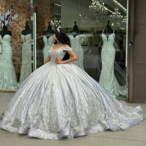 Cold Shoulder Lace Appliqued Silver Quinceanera Dresses With Gems