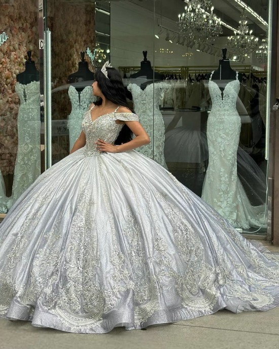 Cold Shoulder Lace Appliqued Silver Quinceanera Dresses With Gems