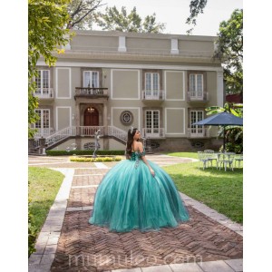 Emerald Green Quince Dress Off Shoulder 2024 Instagram Gowns Lace Appliques Birthday Party Dresses V Neck Vestidos De 15 Anos