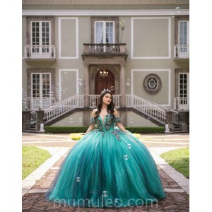 Emerald Green Quince Dress Off Shoulder 2024 Instagram Gowns Lace Appliques Birthday Party Dresses V Neck Vestidos De 15 Anos