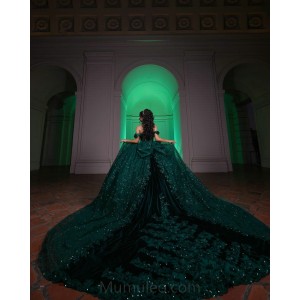 Emerald Green Quince Dress Off Shoulder Vestidos De 15 Anos Sweetheart Neck Sweet 15 Gowns With Bow