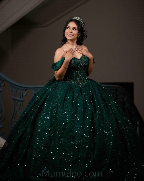 Emerald Green Quince Dress Off Shoulder Vestidos De 15 Anos Sweetheart Neck Sweet 15 Gowns With Bow