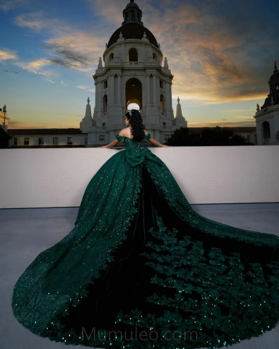 Emerald Green Quince Dress Off Shoulder Vestidos De 15 Anos Sweetheart Neck Sweet 15 Gowns With Bow