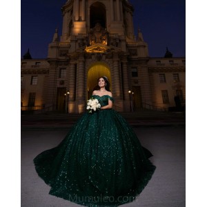 Emerald Green Quince Dress Off Shoulder Vestidos De 15 Anos Sweetheart Neck Sweet 15 Gowns With Bow