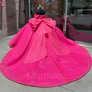 Hot Pink Quince Dress Off Shoulder Vestidos De 15 Anos Pearl Birthday Gowns Sweet 15 16 Dresses With Bow