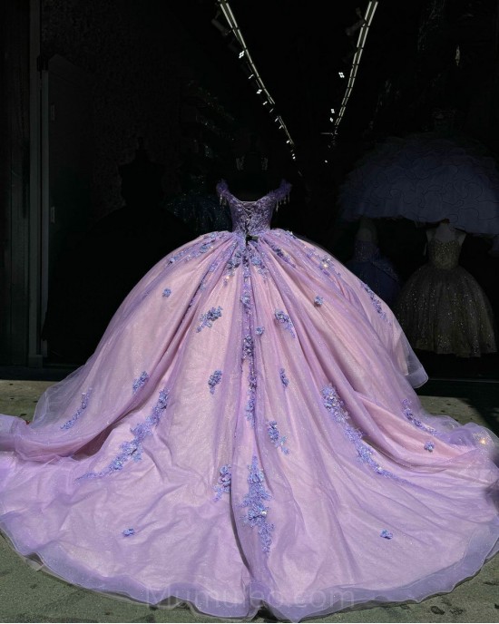 Lilac Quinceanera Dress Off Shoulder Princess Sweet 15 Gowns Lace Appliques Sweetheart Neck Birthday Party Dresses