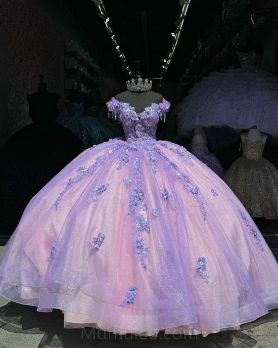 Lilac Quinceanera Dress Off Shoulder Princess Sweet 15 Gowns Lace Appliques Sweetheart Neck Birthday Party Dresses