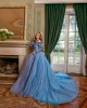 Long Sleeve Blue Quince Dress Lace Appliques V Neck 15 Dresses