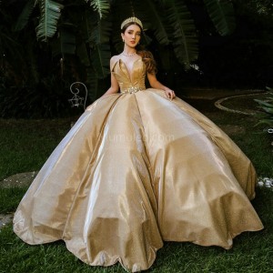 Long Sleeve Champagne Quince Dresses V Neck 15 Dress