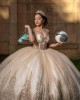 Long Sleeve Champagne Quinceanera Dresses Lace Appliques V Neck 15 Dress