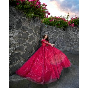 Long Sleeve Red Quince Dress Lace Appliques V Neck 15 Dresses