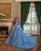 Long Sleeve Sky Blue Quince Dresses Lace Appliques Sweetheart Neck 15 Dress