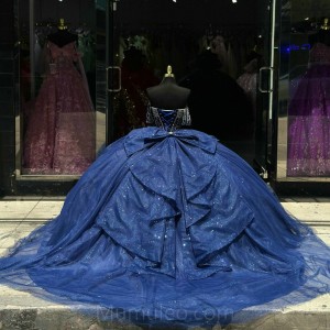 Navy Blue Quinceanera Dress Sweetheart Neck Sequin Girls Ball Gown Sweet 16 Dresses Off Shoulder Vestidos De 15 Anos With Bow