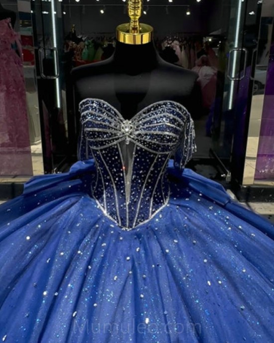 Navy Blue Quinceanera Dress Sweetheart Neck Sequin Girls Ball Gown Sweet 16 Dresses Off Shoulder Vestidos De 15 Anos With Bow