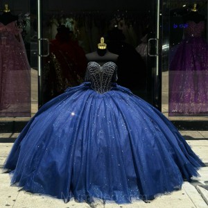 Navy Blue Quinceanera Dress Sweetheart Neck Sequin Girls Ball Gown Sweet 16 Dresses Off Shoulder Vestidos De 15 Anos With Bow