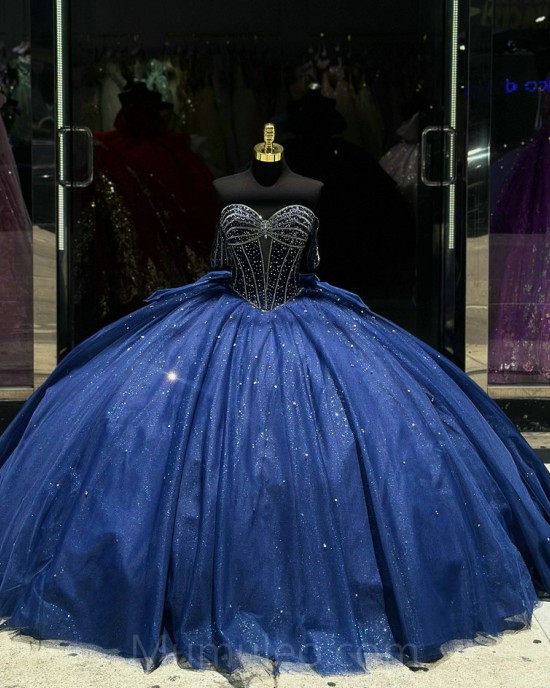 Navy Blue Quinceanera Dress Sweetheart Neck Sequin Girls Ball Gown Sweet 16 Dresses Off Shoulder Vestidos De 15 Anos With Bow